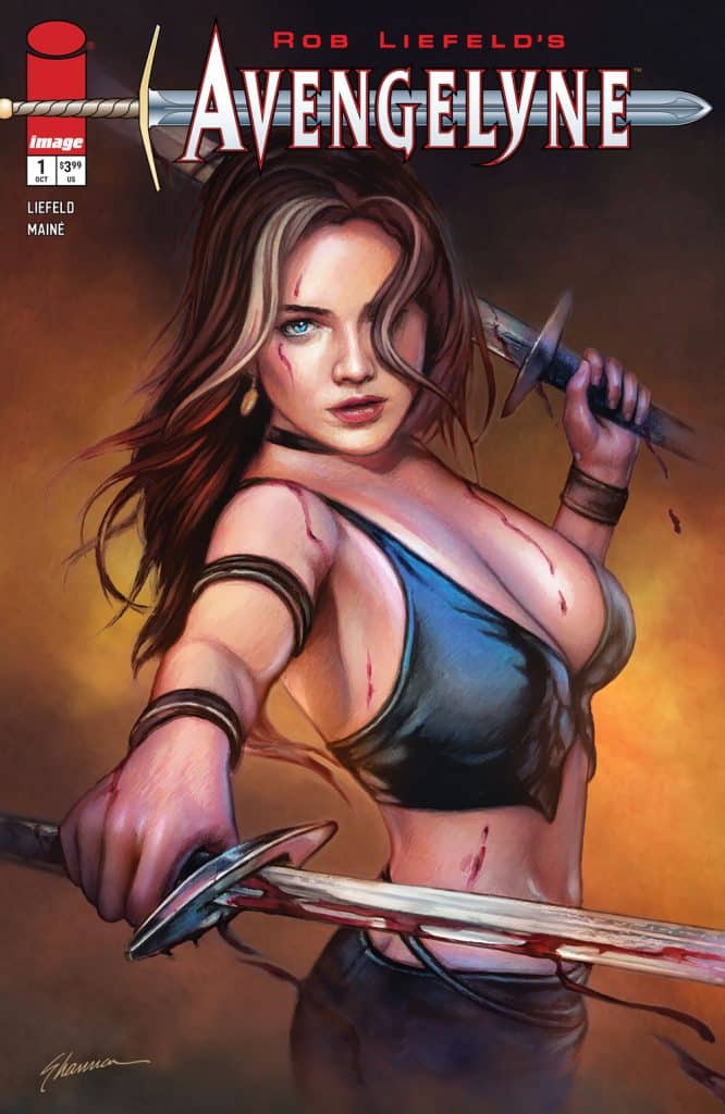 Comic book cover featuring a fierce female warrior holding two swords, with a dark background and bloodied marks on her skin.