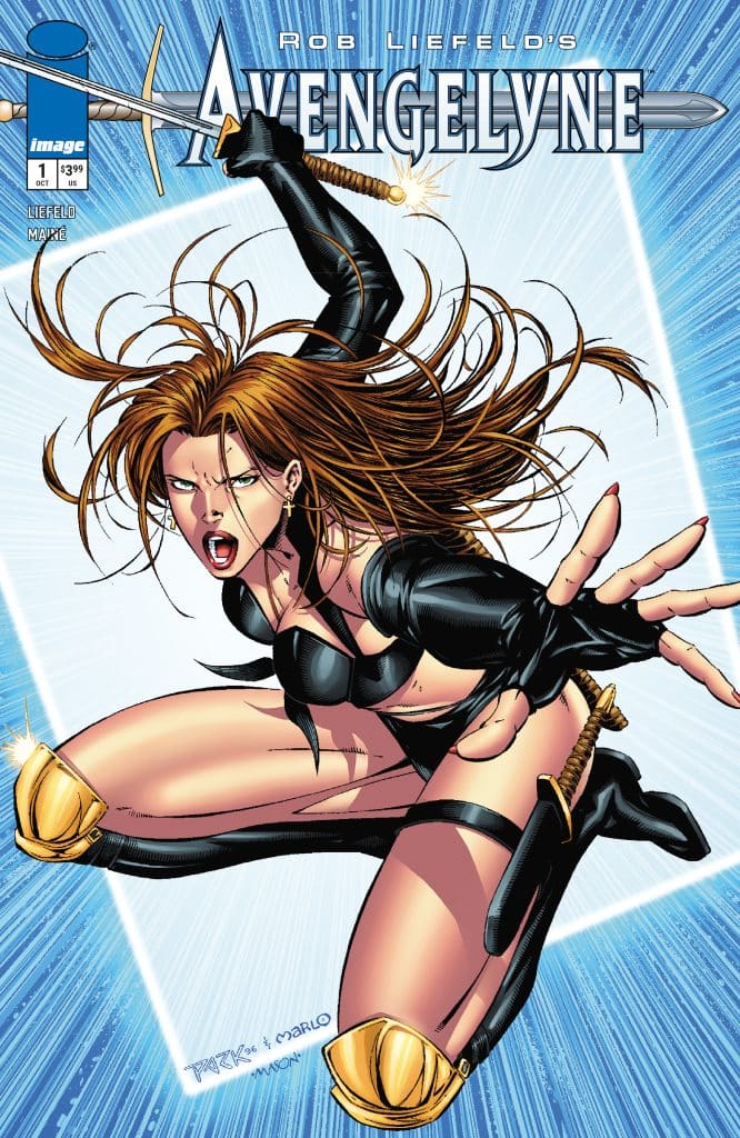 Comic book cover featuring a warrior woman in a dynamic pose, wielding a sword. She has long hair and is dressed in a black outfit, with a blue and white background emphasizing her action.