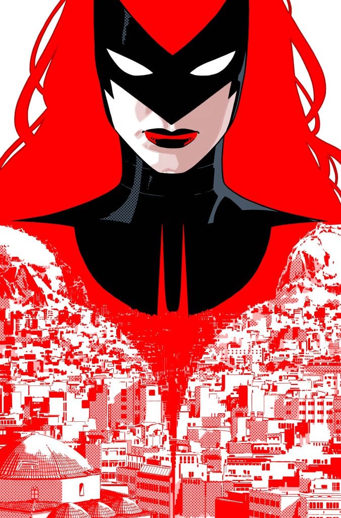 Illustration of a superheroine with red hair and a black mask, set against a backdrop of a stylized cityscape in red and white tones.