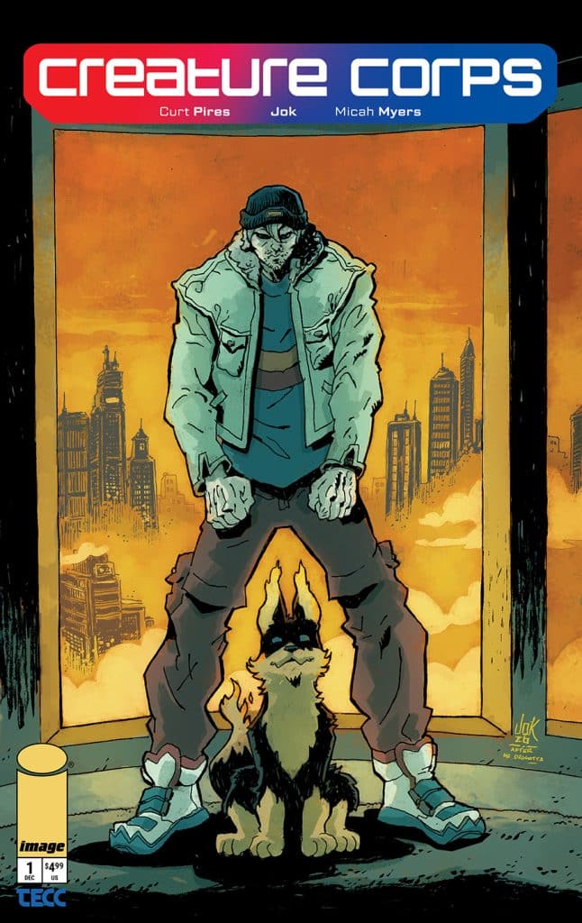Comic book cover for 'Creature Corps' featuring a muscular character in a blue jacket and beanie standing in front of a city skyline, with a small, fierce-looking dog beside him.