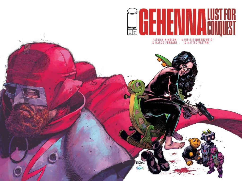 Cover art for the comic 'Gehenna: Lust for Conquest,' featuring a bearded man in a red helmet and armor, alongside a woman in a black outfit holding a gun, set against a colorful background with cartoonish figures.