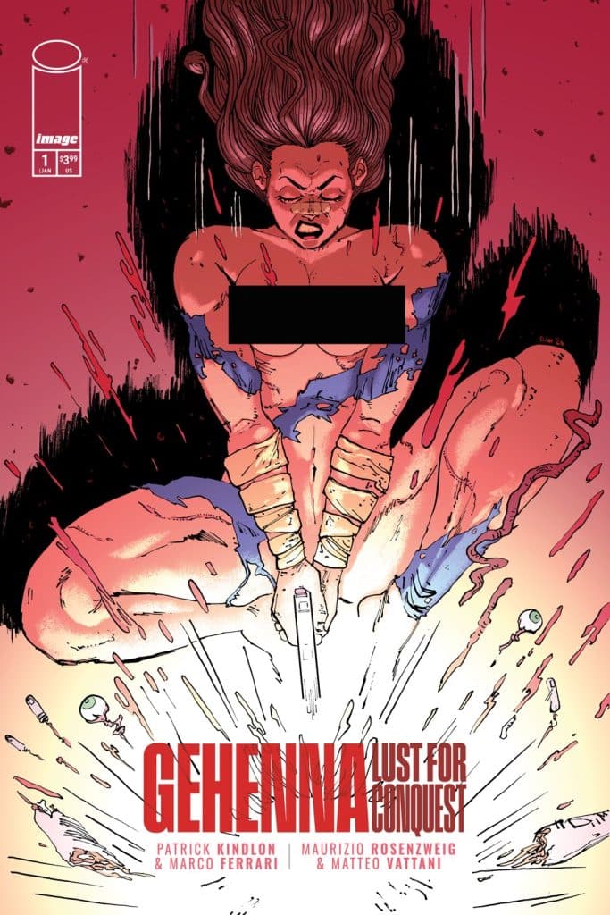 Comic book cover for 'Gehenna: Lust for Conquest', featuring a distressed character with long hair, depicted in a chaotic and colorful background, emphasizing themes of conflict.