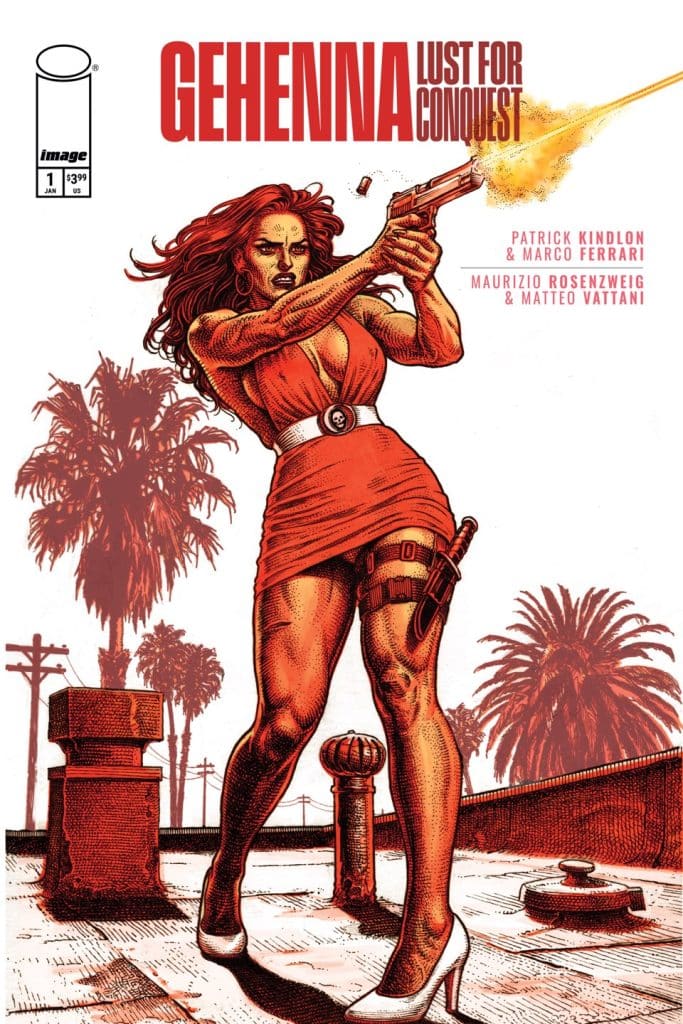 Comic book cover featuring a woman in a red dress holding a gun, with palm trees and power lines in the background.