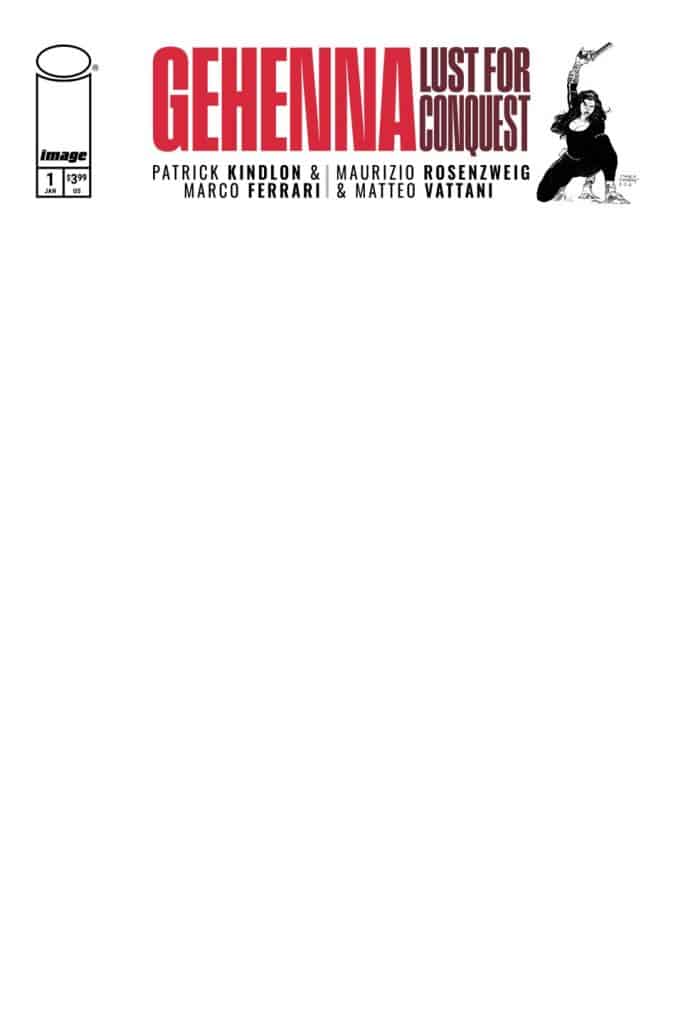 Cover of the comic book 'Gehenna: Lust for Conquest' featuring the title in bold red letters, along with the names of the creators Patrick Kindlon, Maurizio Rosenzweig, Marco Ferrari, and Matteo Vattani.