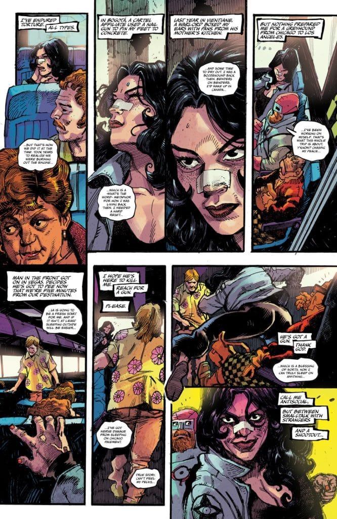A comic book page featuring a group of characters engaged in conversations, with dramatic expressions and a tense atmosphere. The scenes depict various interactions, including a woman with a bandaged nose, discussions about violence, and a potential conflict hinting at a gun. The art style is vibrant and expressive, illustrating emotions and action.