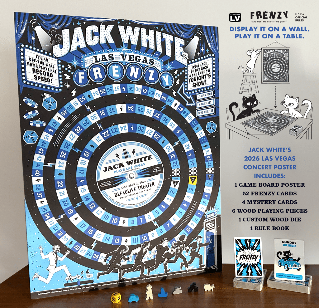 A colorful board game titled 'Jack White Las Vegas Frenzy' displayed on a wooden table, featuring a circular game board design with numbers and icons, alongside game cards, playing pieces, and a rule book.