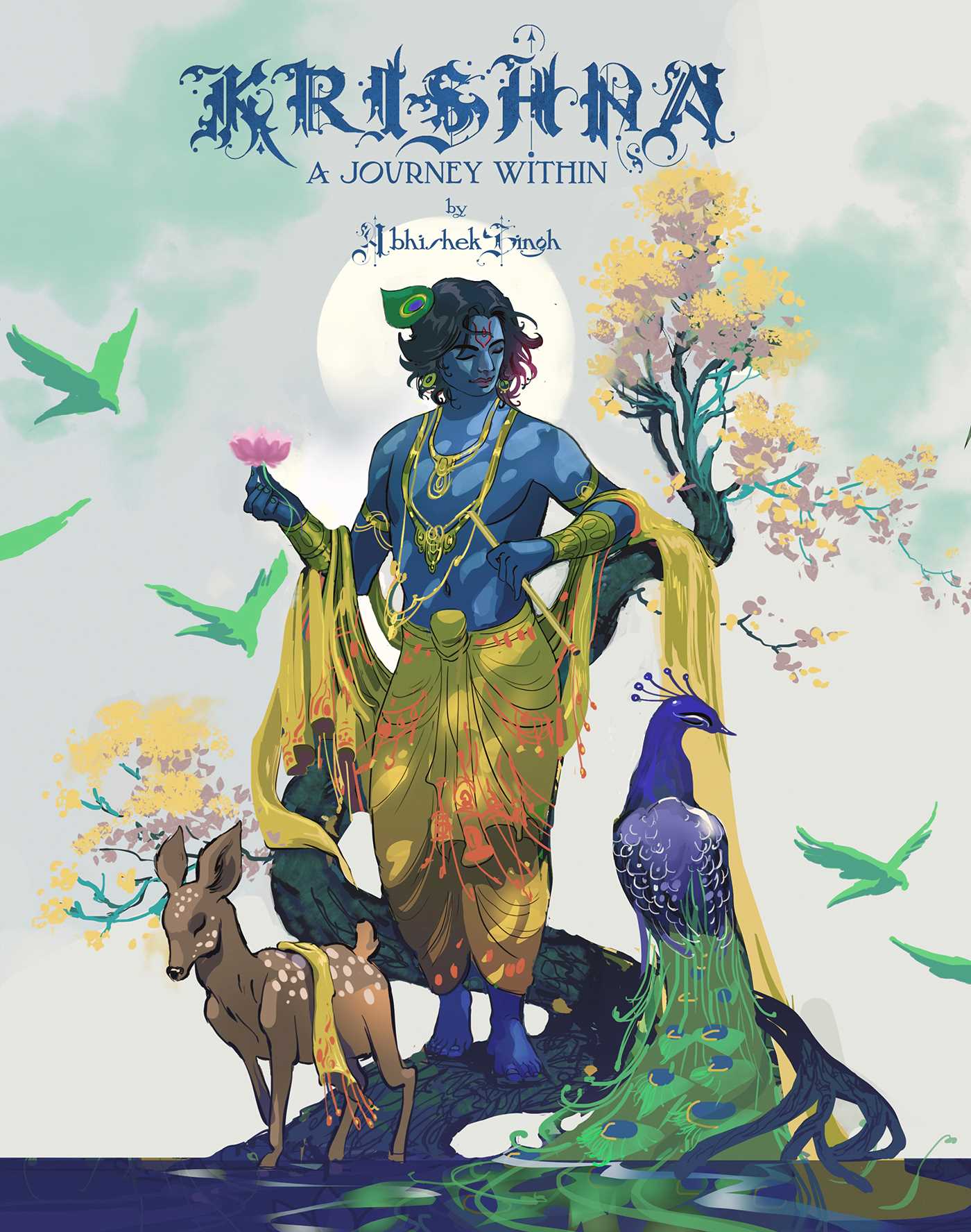 An illustrated depiction of Lord Krishna, a blue-skinned figure standing in a serene pose, holding a lotus flower. Surrounding him are a deer, a peacock, and green birds flying in the background, with colorful trees and flowers.