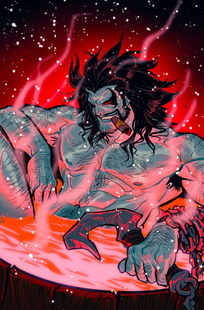 A muscular, heavily tattooed character with dark, wild hair sitting near a glowing red cauldron, holding a cigar. The background features swirling red and white effects, giving a dynamic and slightly ominous atmosphere.