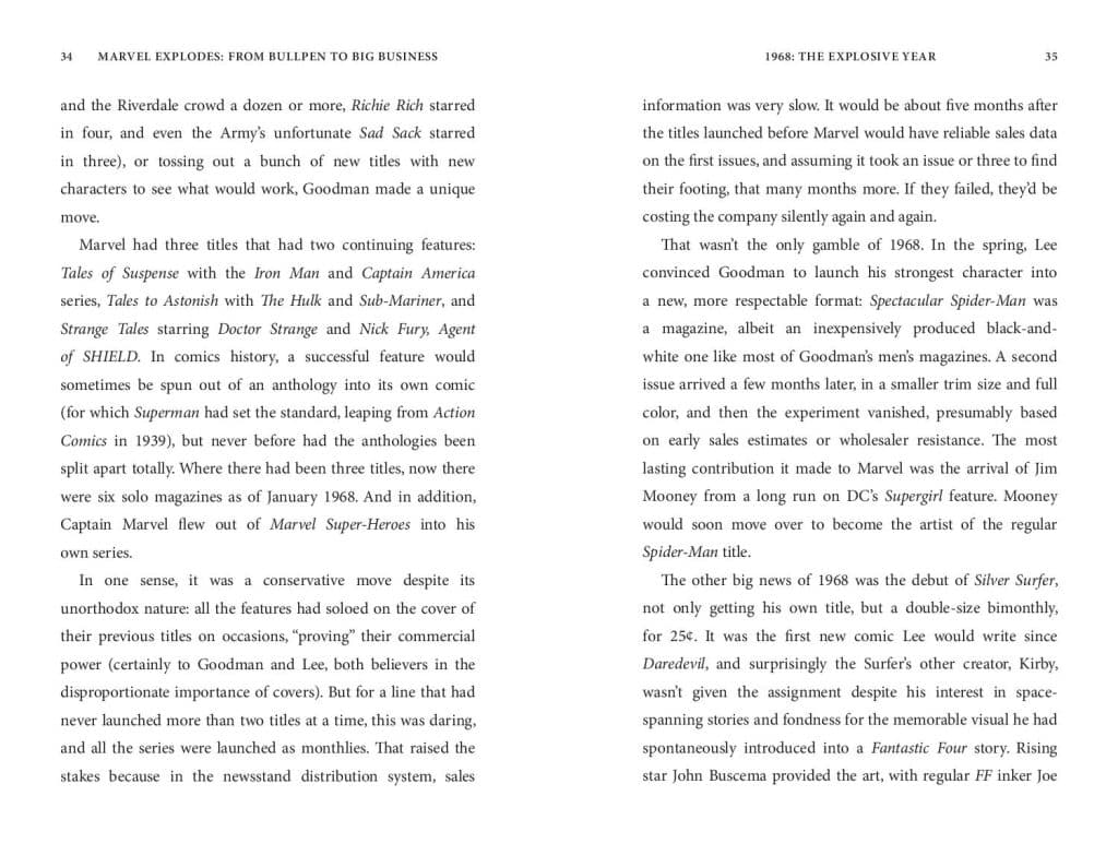 A page from a book discussing Marvel Comics in 1968, highlighting the launch of titles like Spectacular Spider-Man and Silver Surfer, along with various series characters and publishing strategies.