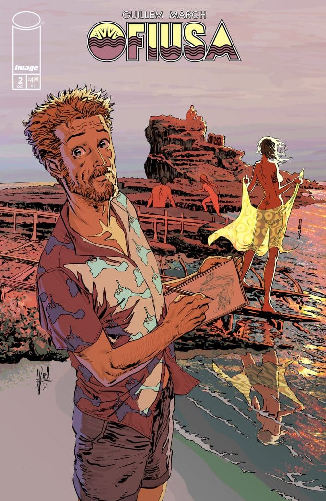 A comic book cover featuring a man with tousled hair, holding a sketchbook, standing near a shoreline at sunset. In the background, a woman in a flowing dress is walking away into the water, while a rocky formation is visible in the distance.
