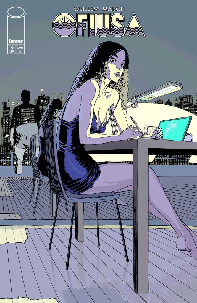 A woman with long, wavy hair sits at a table in a dimly lit urban setting, wearing a stylish black dress. She is focused on a laptop, with a city skyline visible in the background.