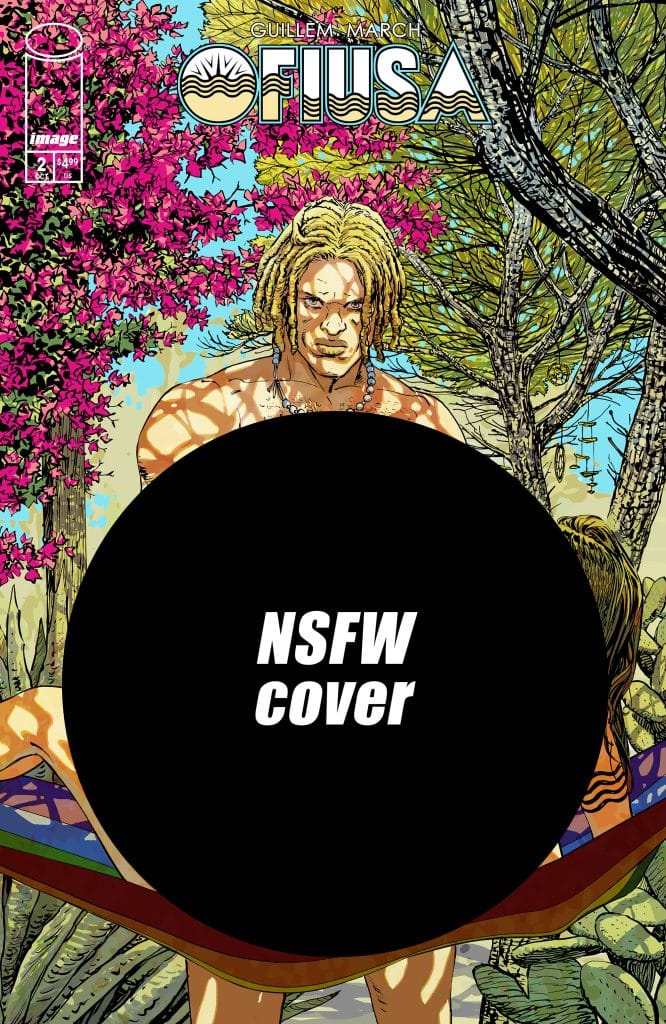 Comic book cover featuring a muscular man with long hair sitting on a hammock surrounded by vibrant pink flowers and green trees, marked as NSFW.