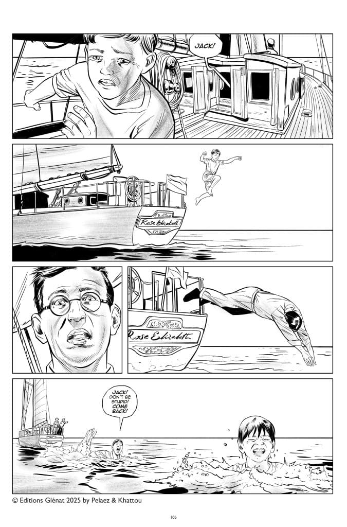 A black and white comic panel depicting a boy named Jack looking concerned on a boat, with a speech bubble calling his name. Another panel shows Jack diving into the water. A third panel features a shocked man, presumably worried about Jack's safety. The final panel shows Jack swimming in the water while another character shouts at him to come back.