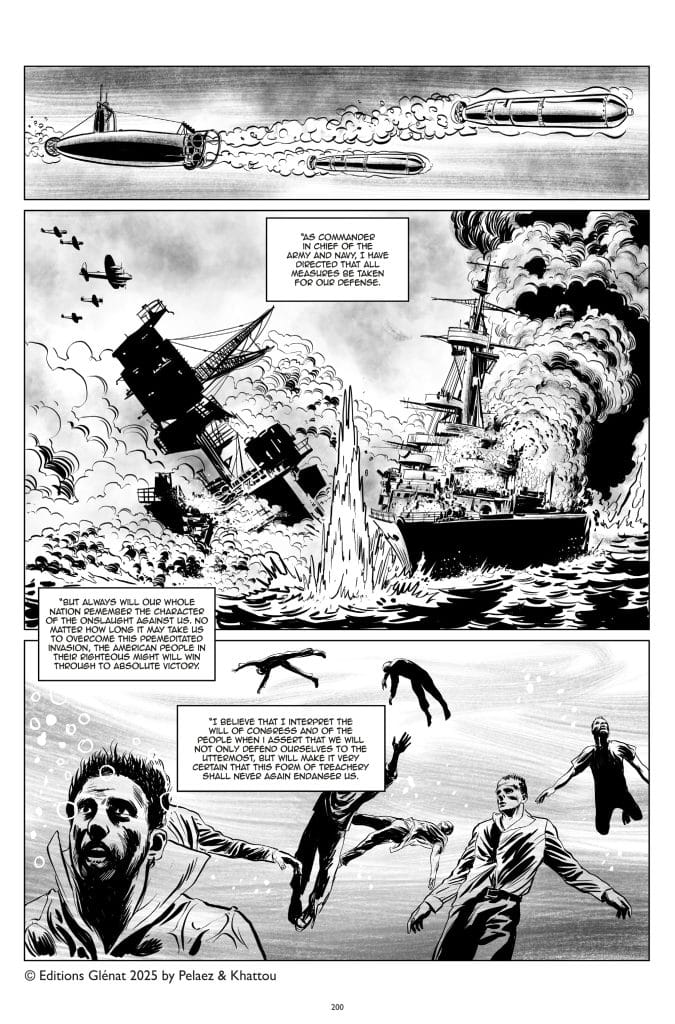 A black and white comic book page illustrating a military scene, featuring military aircraft and ships amidst explosions and chaos. The text boxes contain quotes about military strategy and defense. Several figures are depicted in water, some appearing distressed.
