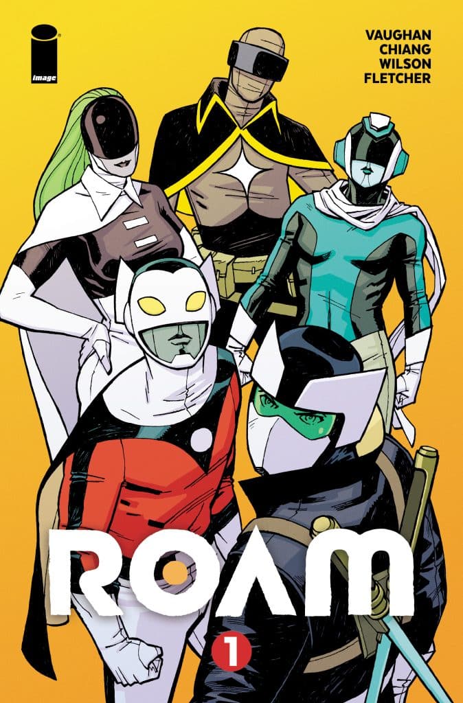A colorful comic book cover featuring five superhero characters in diverse costumes, with the title 'ROAM' prominently displayed at the bottom.