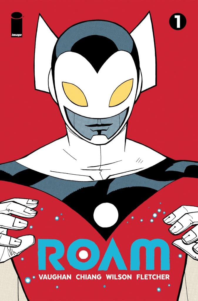 Comic book cover featuring a superhero character with a white and gray suit, large yellow eyes, and a stylized helmet against a red background. The title 'ROAM' is prominently displayed at the bottom.