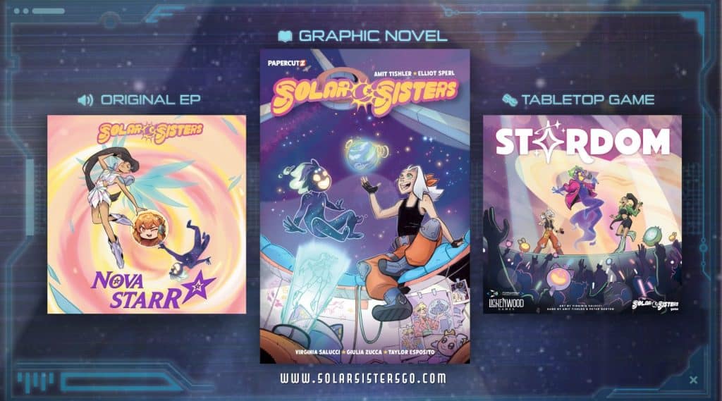 Promotional image featuring three products from the 'Solar Sisters' franchise: the original EP titled 'Nova Starr', a graphic novel, and a tabletop game called 'Stardom'. Each product is visually showcased with vibrant artwork.