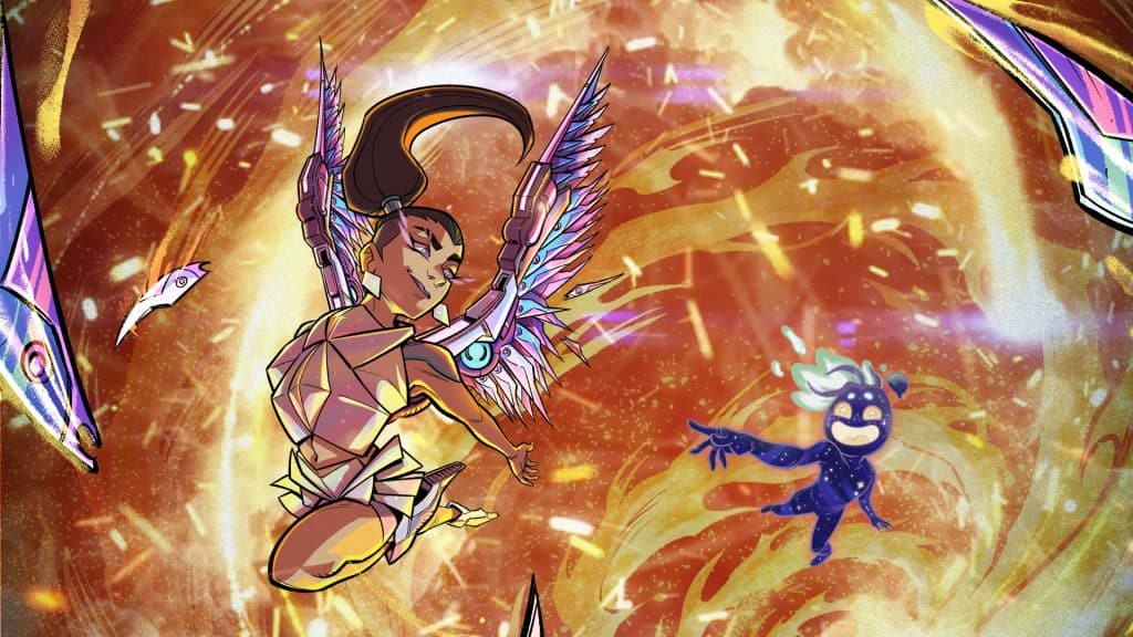 An animated scene featuring a character with wings and a metallic outfit, surrounded by vibrant colors and abstract shapes, while another whimsical character with a playful expression appears to be interacting with them.