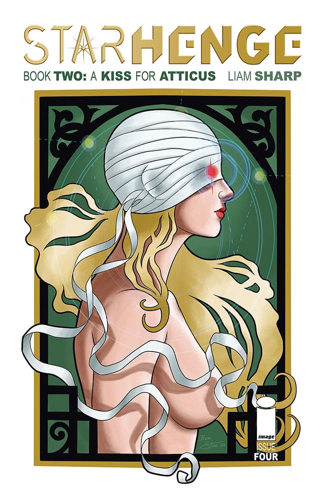 Cover art for 'Starhenge: Book Two - A Kiss for Atticus' featuring a blindfolded woman with long hair, intricate background designs, and stylized entwined ribbons.