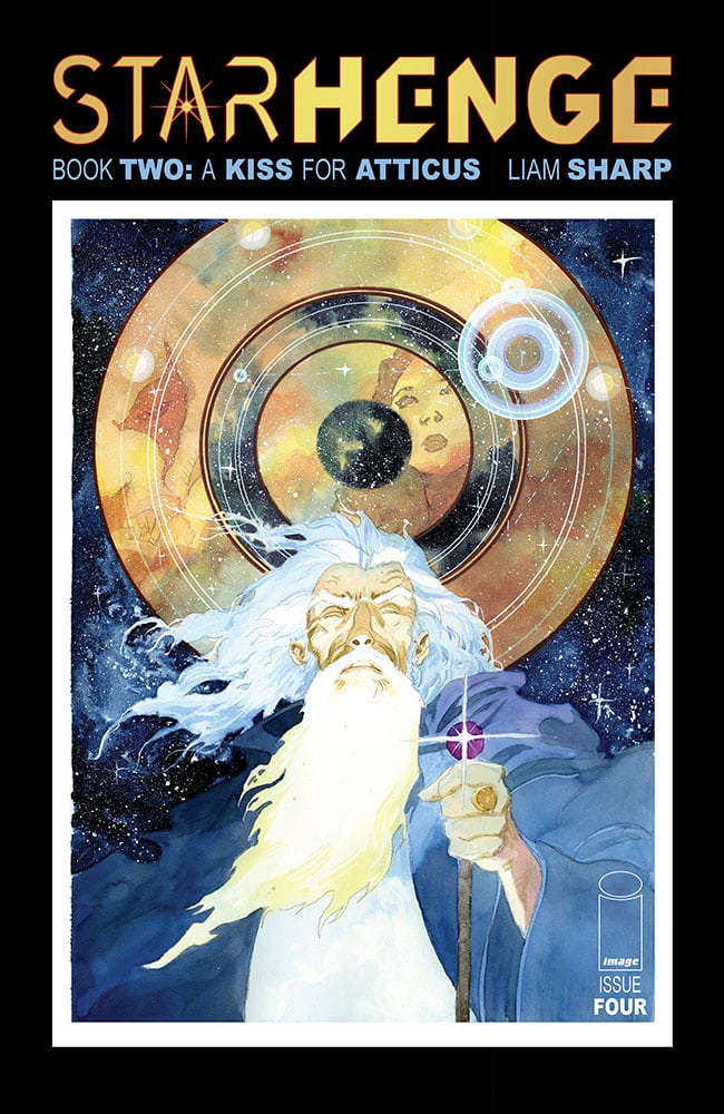 Cover art for 'Starhenge: Book Two - A Kiss for Atticus,' featuring a wise-looking figure with a long white beard and a staff, set against a cosmic background with swirling galaxies and circular patterns.