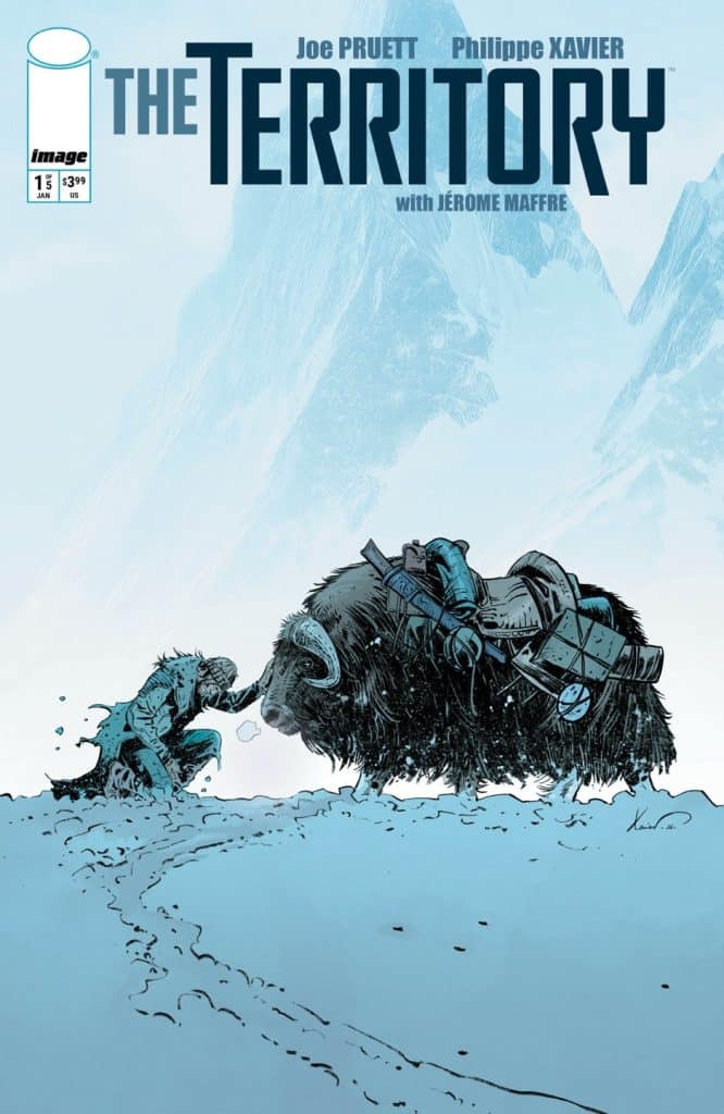Cover of the comic 'The Territory' featuring a figure in winter clothing kneeling beside a large woolly creature on a snowy landscape, with mountains in the background.