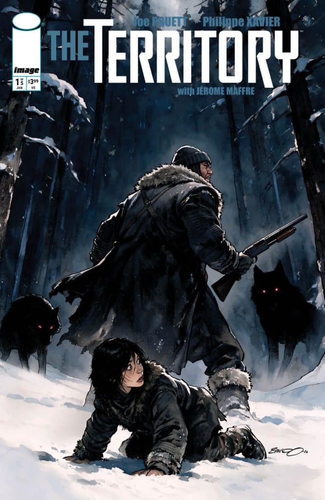 A comic book cover featuring a snowy forest scene. A man in a fur-lined coat holds a rifle and stands protectively behind a young girl who is crawling in the snow. Two menacing black creatures with glowing red eyes lurk in the background.