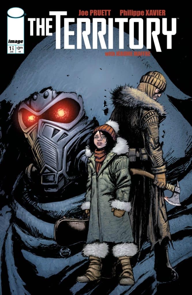 Cover of 'The Territory' comic featuring a futuristic warrior with a helmet and glowing eyes, alongside a girl in warm clothing, set against a dark, textured background.