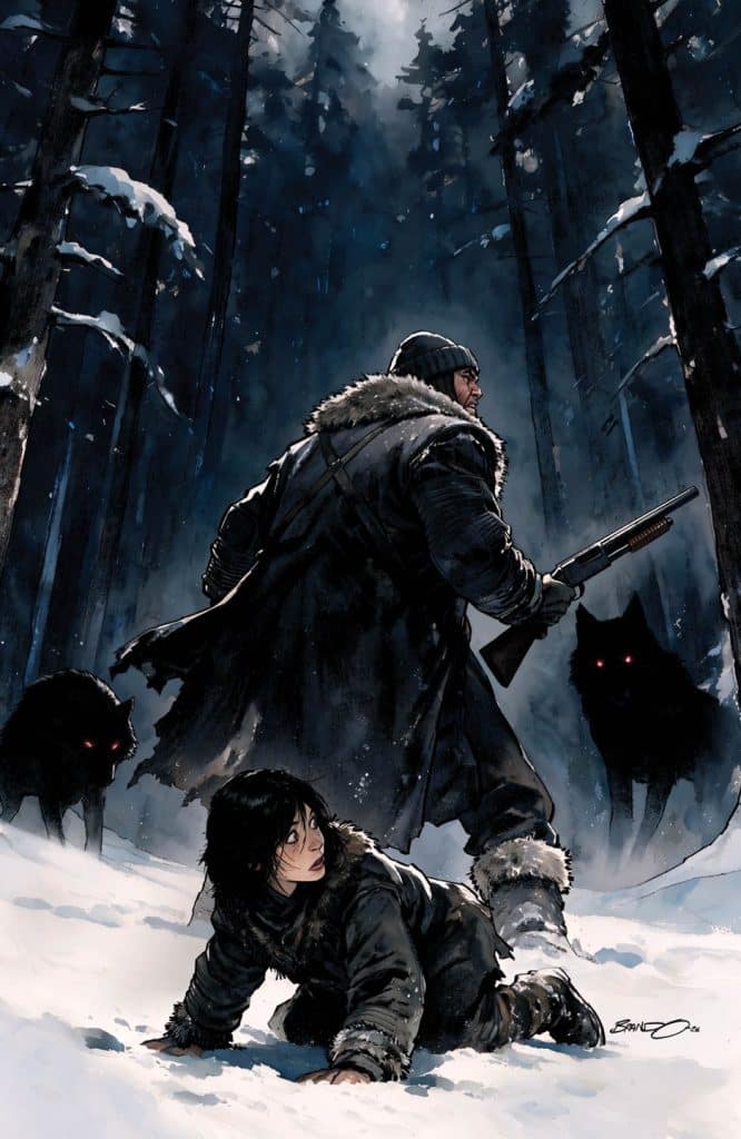 A scene depicting a snowy forest where a rugged man stands with a rifle, facing backward protectively, while a young girl crawls on the ground, looking fearful. Dark wolves with glowing eyes are lurking nearby.
