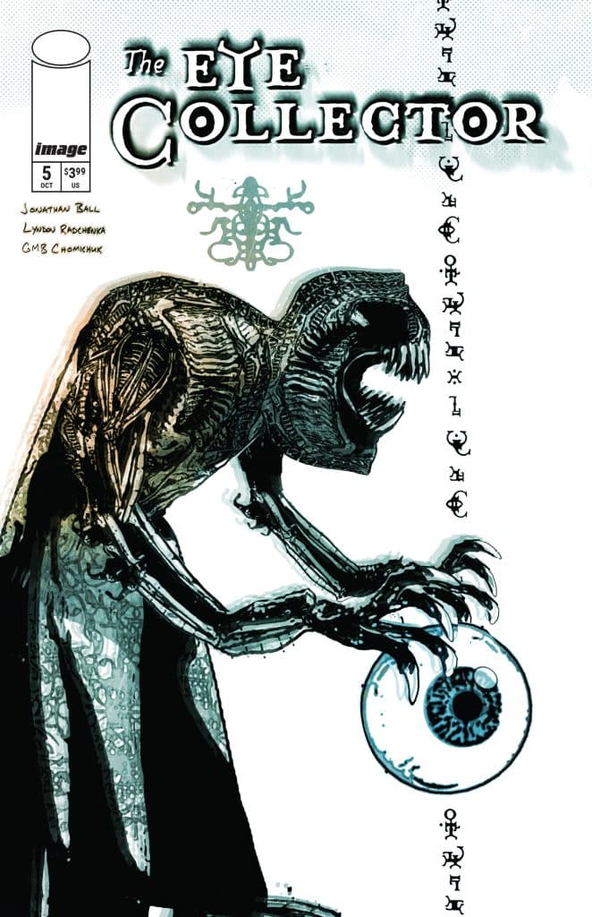 Cover of 'The Eye Collector' comic book featuring a dark, humanoid figure with a monstrous head holding a large eyeball, surrounded by mysterious symbols and an eerie atmosphere.