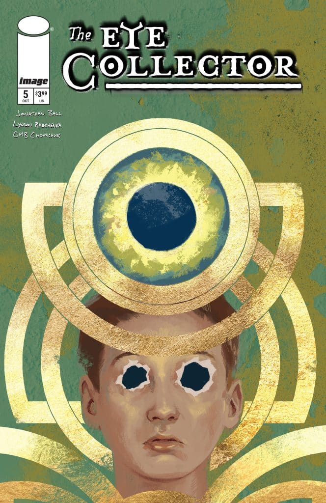 Cover art for 'The Eye Collector' comic, featuring a central character with a shadowed face and blacked-out eyes, surrounded by concentric circles and abstract designs on a textured green background.
