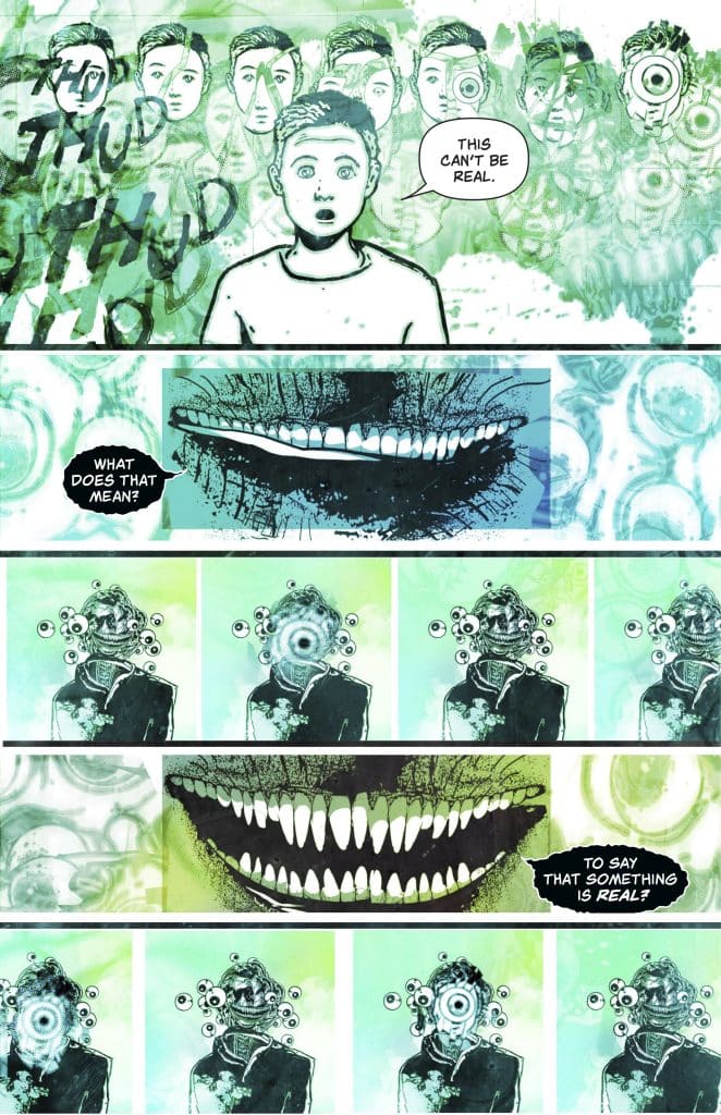 A comic-style illustration featuring a shocked character surrounded by distorted faces, with speech bubbles expressing disbelief and existential questions. The lower panels show a series of unsettling, monstrous faces with exaggerated features and sharp teeth.