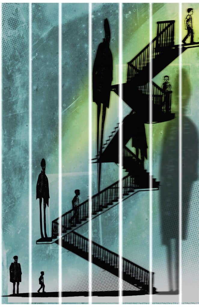 An abstract illustration featuring stylized silhouettes of tall figures and children on a staircase, depicting a mix of upward and downward movement against a textured background of blue and green hues.