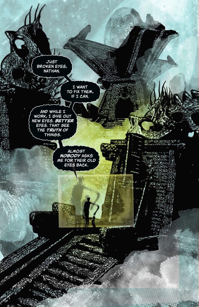 A dark, abstract comic panel featuring two characters in a surreal environment. The character on the left speaks about fixing broken eyes, while the character on the right reflects on giving new eyes that see the truth. The background includes eerie, otherworldly structures and a misty landscape.