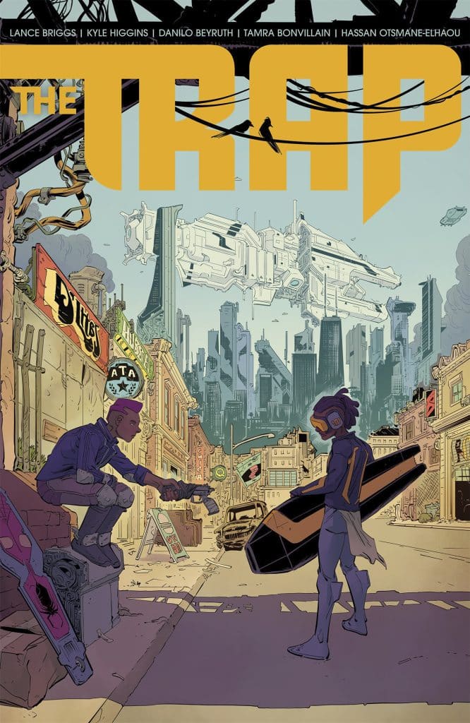 Comic book cover titled 'The Trap', featuring two characters in a futuristic urban setting with a large spaceship in the background.